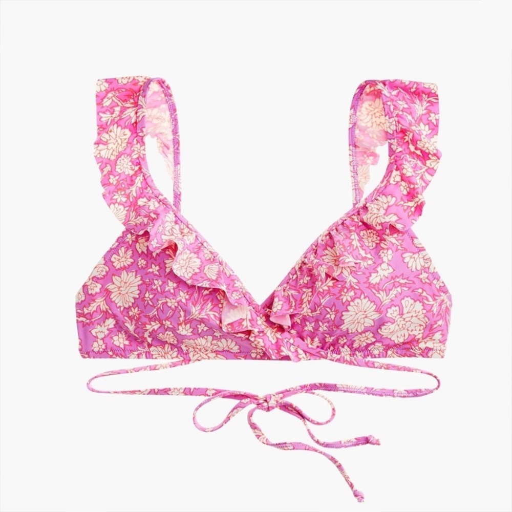 J Crew Pink Floral Ruffle Wrap Bikini Top